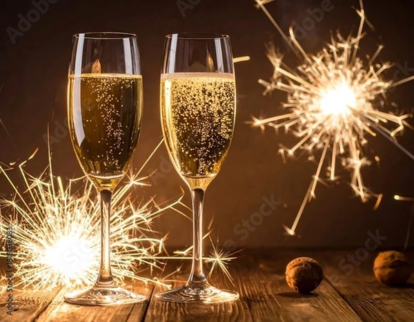 Obraz Two glasses of bubbly and sparklers with a wooden background