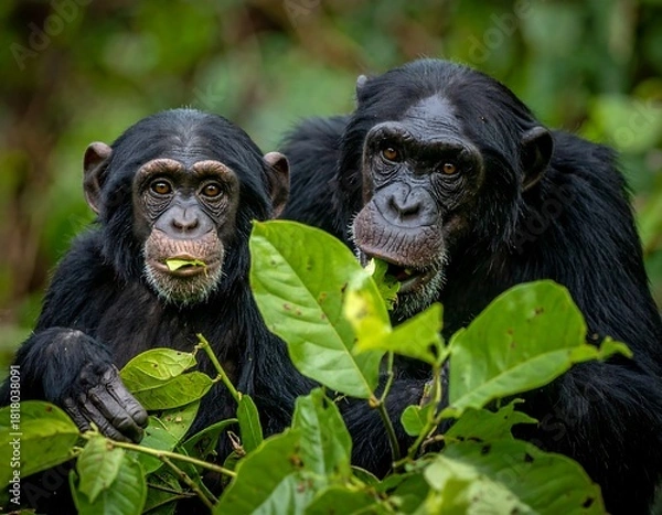 Obraz Two chimpanzees eating leaves in a lush green forest setting