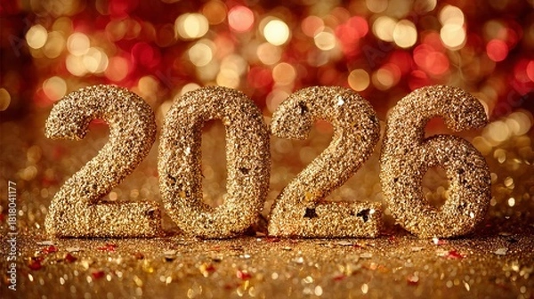Fototapeta Sparkling gold 2026 new year celebration backdrop for holiday marketing, creating a festive season mood with elegant golden glitter details