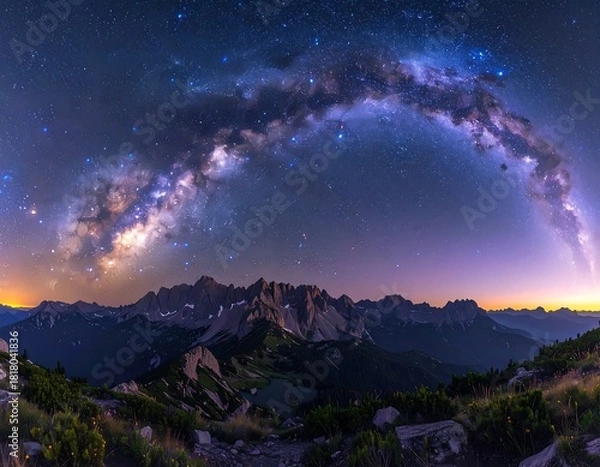 Obraz Vast panoramic view night sky over majestic mountains and greenery