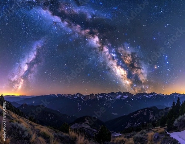 Obraz Vast panoramic vista showing the night sky filled with stellar beauty over the rugged mountains