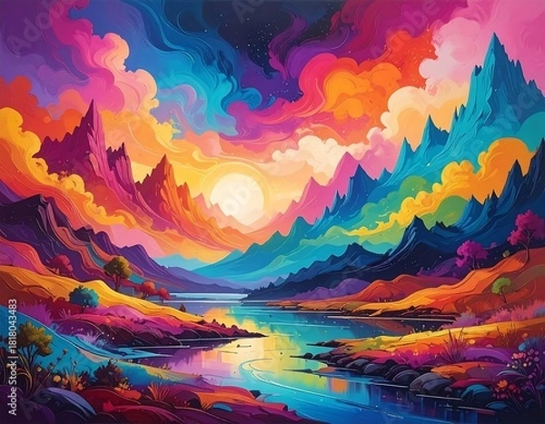 Obraz Vibrant colorful landscape featuring mountains, a lake, and a sunset