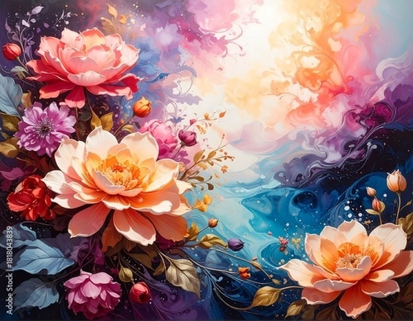 Obraz Vibrant floral arrangement amidst colorful, swirling abstract background