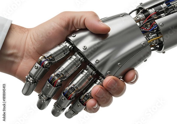Fototapeta Human hand shaking robotic hand, showing partnership and future technology