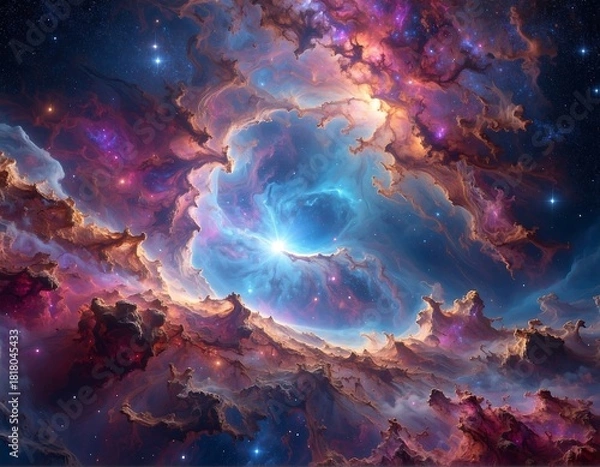 Obraz Vivid cosmic clouds swirl around a brilliant, radiant star system