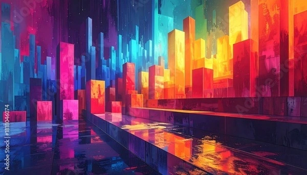 Obraz Vivid cityscape art stylized, colorful blocks and reflections