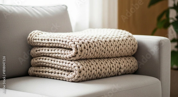 Fototapeta Cozy knitted blanket neatly stacked on a light gray couch  
