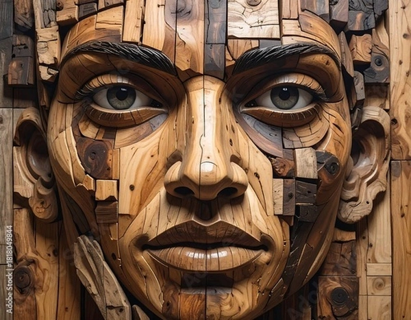 Obraz Wooden mosaic portrait of a person with contemplative eyes