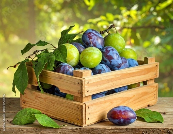 Obraz Wooden crate overflowing with ripe purple and green fruit, leaves