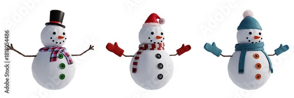 Fototapeta Snowman Set With Scarf And Hat, Winter Holiday Decoration on Transparent Background.
