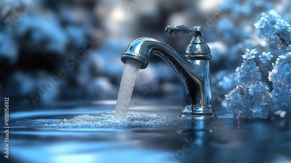 Fototapeta Hot water streams from a modern faucet into a bright, bubbling sink full of clear blue water in a cozy kitchen setting