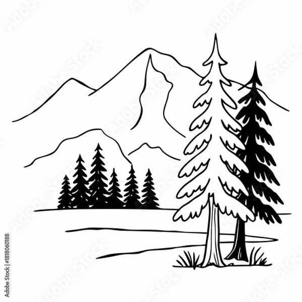 Obraz Mountain Forest Landscape with River Line Art