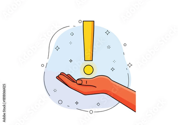 Fototapeta Hand offering coin with exclamation symbol for important notice - Flat Vector Illustration, icon. Editable stroke. Colored vector illustration