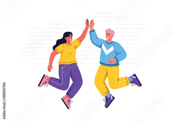 Obraz Two people celebrate with a high five jumping with joy - Flat Vector Illustration, icon. Editable stroke. Colored vector illustration