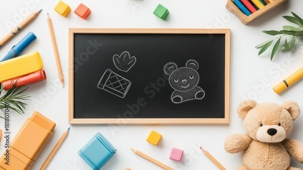 Obraz 102.Artistic flat lay of a chalkboard with simple chalk designs, surrounded by a teddy bear, toy train, colorful blocks, and scattered crayons, creating a playful and cozy nursery vibe