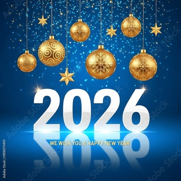 Obraz Elegant 2026 Happy New Year Celebration Banner Design Featuring Shiny White Reflective Numerals and Hanging Golden Christmas Ornaments Adorned with Detailed Snowflakes and Stars Against a Br
