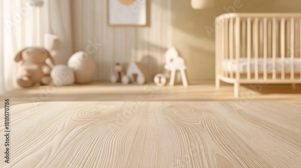 Fototapeta 59.Polished light wood table with subtle knots and textures, positioned in front of a softly blurred baby room featuring a modern crib, plush toys, and soft wall art in pastel shades.