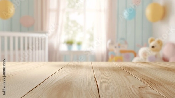 Fototapeta 56.Light oak wooden table with visible wood grain, placed in front of a softly blurred baby room featuring a white crib, plush toys, and pastel-colored wall art, natural sunlight casting soft shadows.