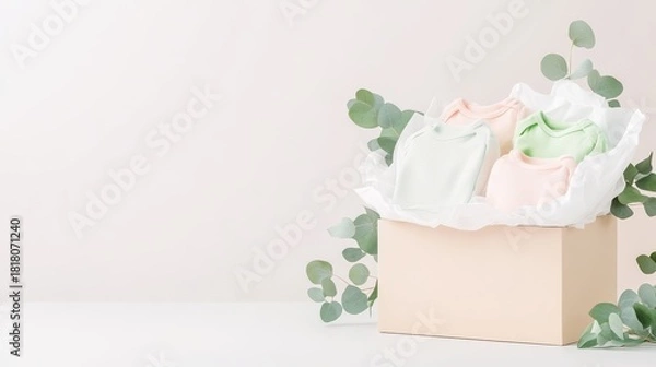 Fototapeta 11.Soft-lit podium setup with an open beige box containing premium baby garments in soft pink, cream, and mint shades, accented by eucalyptus leaves and delicate tissue paper.