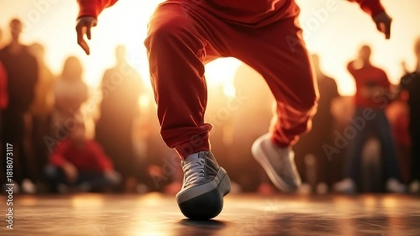 Fototapeta Low angle close up of professional breakdancer feet in sneakers performing street dance moves against blurred crowd at sunset. Dynamic urban lifestyle concept with warm backlighting and energy.