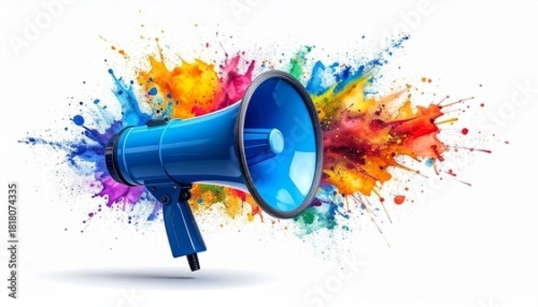 Obraz Bright Blue Megaphone with Multicolored Paint Explosion on White Background Representing Creative Expression