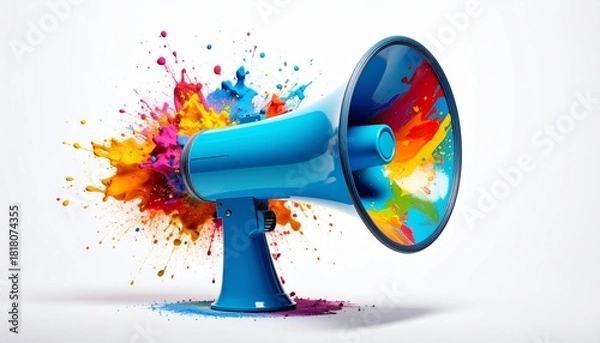 Fototapeta Bright Blue Megaphone with Multicolored Paint Explosion on White Background Representing Creative Expression