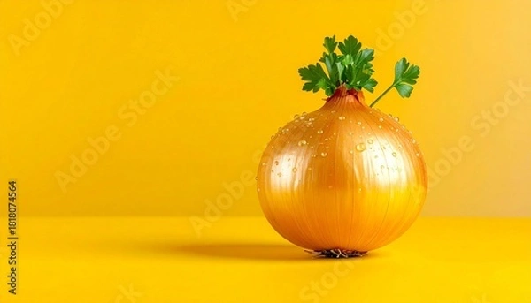 Fototapeta Fresh Yellow Onion with Water Droplets and Parsley Leaf on Vibrant Yellow Background