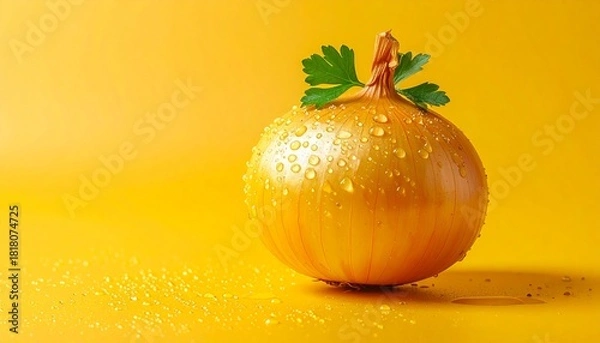 Fototapeta Fresh Yellow Onion with Water Droplets and Parsley Leaf on Vibrant Yellow Background