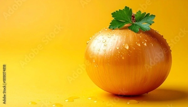 Fototapeta Fresh Yellow Onion with Water Droplets and Parsley Leaf on Vibrant Yellow Background