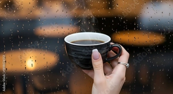 Obraz Steaming coffee cup against rainy cafe window in autumn