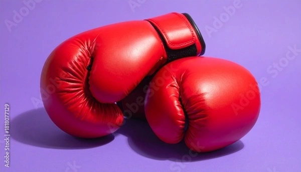 Fototapeta Bright Red Boxing Gloves on Light Purple Background in Symmetrical Upright Position