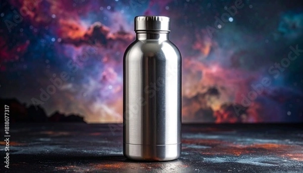 Fototapeta Stainless Steel Bottle on Vibrant Galaxy Background with Nebula Colors and Space-Themed Aesthetic
