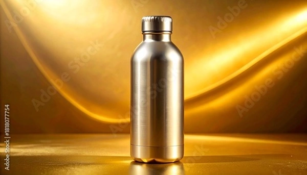 Fototapeta Stainless Steel Insulated Water Bottle on Golden Yellow Gradient Background with Reflective Metallic Finish