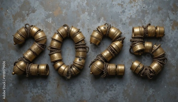 Fototapeta Ringing in the New Year with antique golden bells displaying 2025 numerals