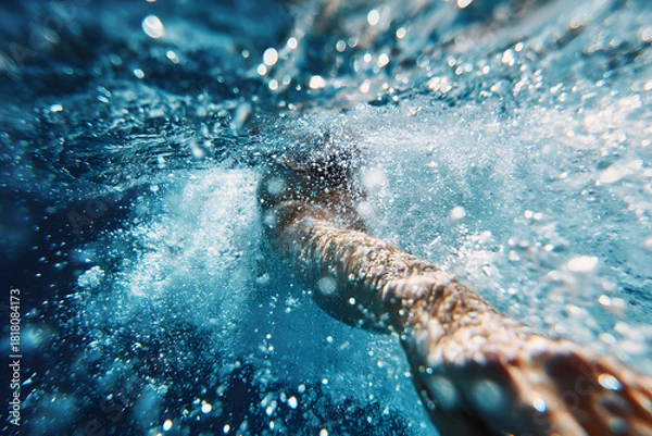 Fototapeta Man swimming in pool clear blue water with droplets splashing and sunlight reflecting on water surface. Swimmer arms are in motion, cutting through water with strength and grace. Competitive sport.
