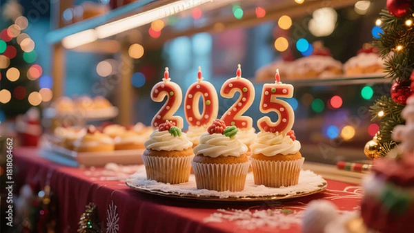 Fototapeta Celebrate 2025 with Festive Cupcakes and Holiday Cheer in a Warm and Inviting Setting