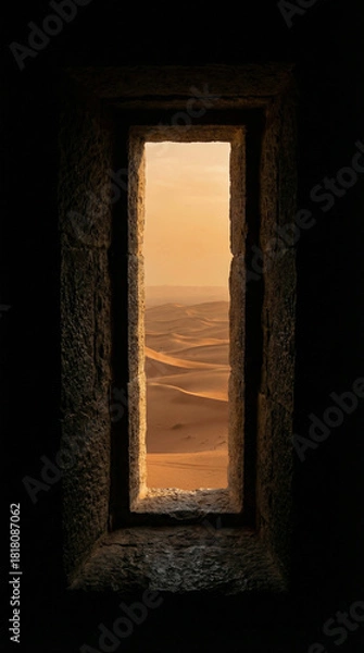 Obraz Admire rolling sand dunes at sunset through an ancient stone window, ideal for architecture and travel visuals.