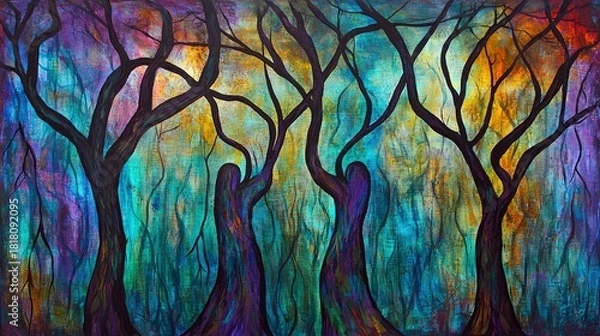 Fototapeta An abstract painting of dark, silhouetted trees with flowing branches against a background of vibrant, swirling colors like teal, purple, and orange, suggesting