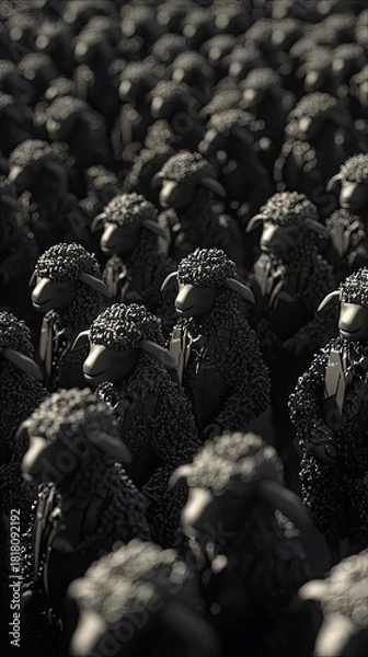 Fototapeta A dense crowd of black sheep, some wearing dark jackets or suits, standing in an outdoor setting. The image has a monochromatic, dramatic, and slightly surreal