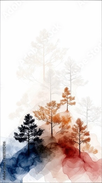 Fototapeta An abstract artistic representation of trees on a landscape with flowing ink washes in blue, red, and orange. The background is soft and foggy, with faded tree