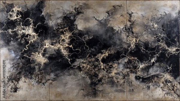 Fototapeta A triptych of abstract art featuring swirling patterns of black and gold against a textured, neutral background. The composition evokes a sense of dramatic ener