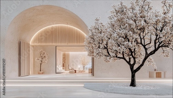 Fototapeta A large, flowering tree with white blossoms stands in front of a contemporary building with an arched entrance. Inside, a minimalist living space is visible wit
