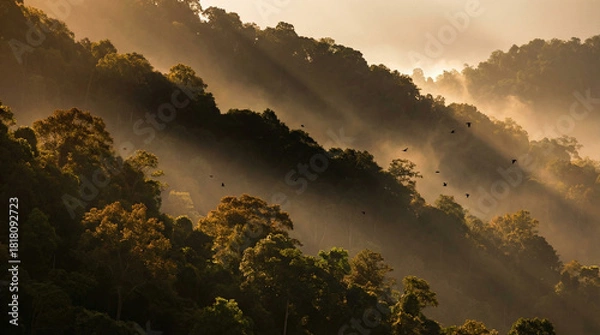 Obraz Serene forest landscape at dawn with mist rolling over hills, ideal for nature-themed projects and tranquil backgrounds.