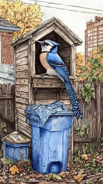 Fototapeta A detailed watercolor illustration of a vibrant blue jay perched inside a weathered wooden structure, possibly a birdhouse or shelter, with a blue trash can and
