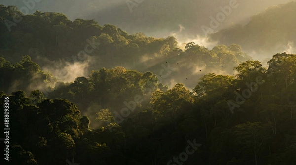 Obraz Lush forest scene at sunrise with mist and birds, ideal for travel ads and nature-themed artwork.