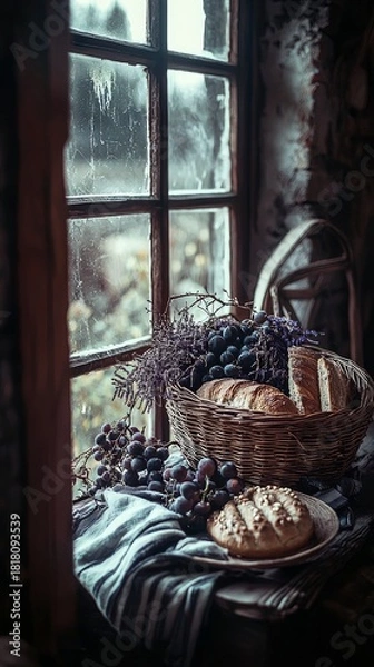 Fototapeta A rustic still life featuring a woven basket filled with bread and grapes, placed on a windowsill next to a vintage window with a blurred outdoor view. A single