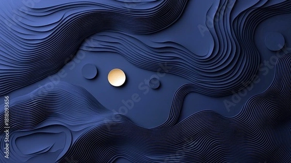 Fototapeta Abstract 3D render of a deep blue wavy landscape with layered lines and three circles, one golden and two dark blue, suggesting a serene, modern aesthetic.