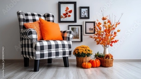 Fototapeta A black and white buffalo check armchair adorned with orange and patterned pillows, placed next to a collection of autumnal decor including pumpkins, chrysanthe