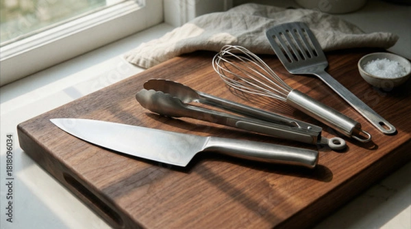 Obraz Stylish kitchen tools like a knife, tongs, and whisk on a wooden cutting board, perfect for cooking blogs and culinary ads.