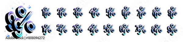 Fototapeta Black 3D Holographic number discount collection. Include 10 20 30 40 50 60 70 80 90 15 to 95 and 99 percentage design template isolated in white background.